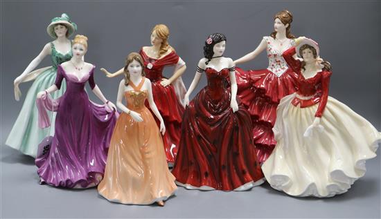 Seven Royal Doulton porcelain figures: Jennifer, Ellie, Alice, Alison, Eleanor, Scarlet, Coral